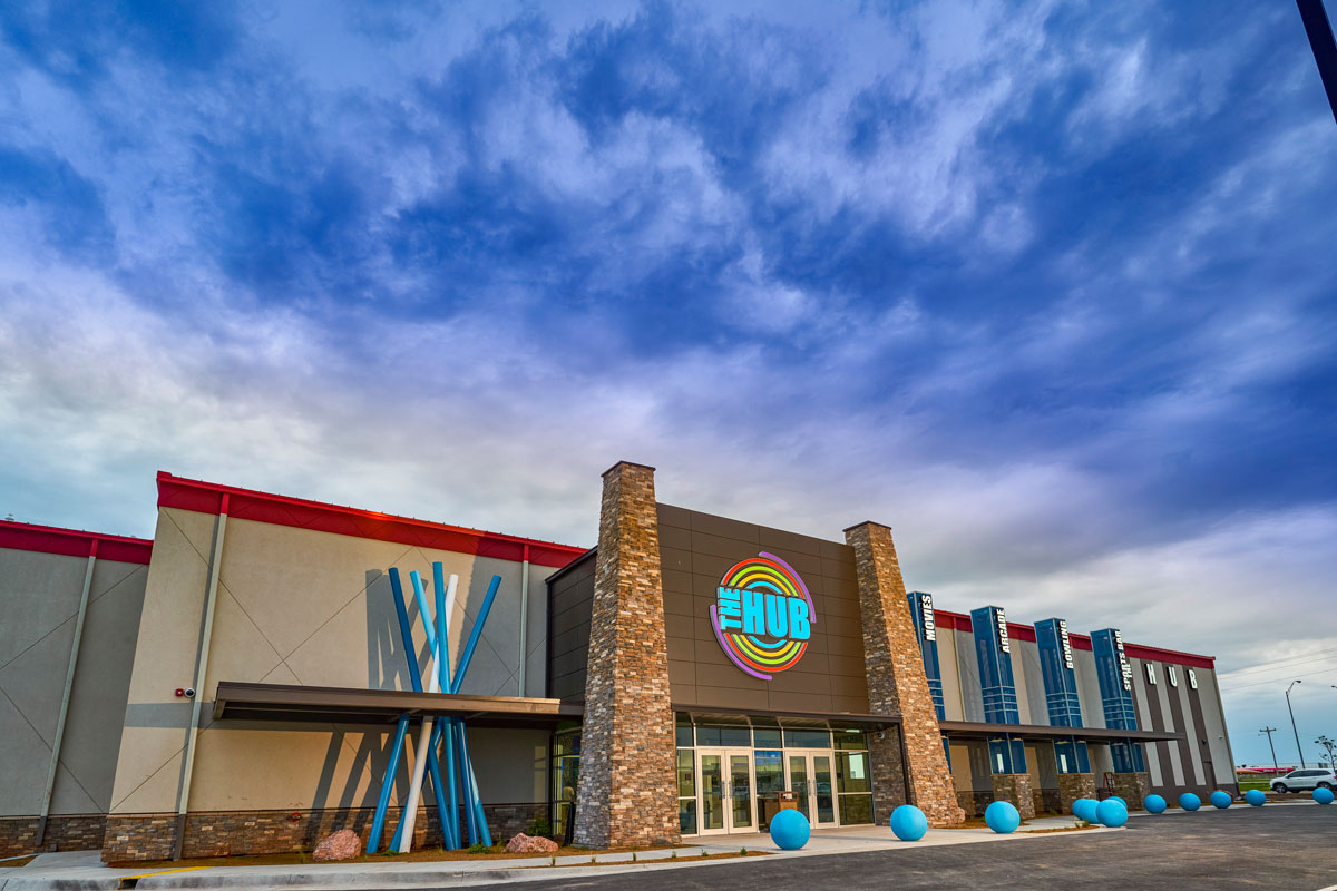 The Hub entertainment venue in Tonkawa at dusk